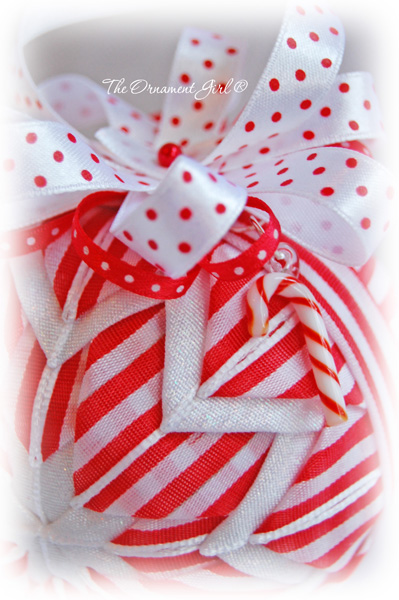 Candy Cane Red White Christmas Tree Ornament - Handmade Quilt Ball